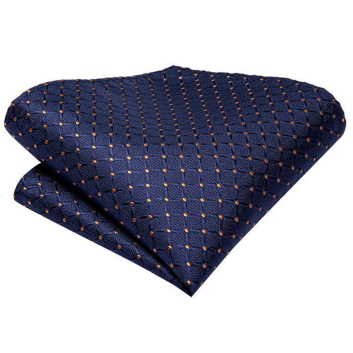 Navy Blue Tie Mens Plaid Silk Necktie Pocket Square Cufflinks Set for Business