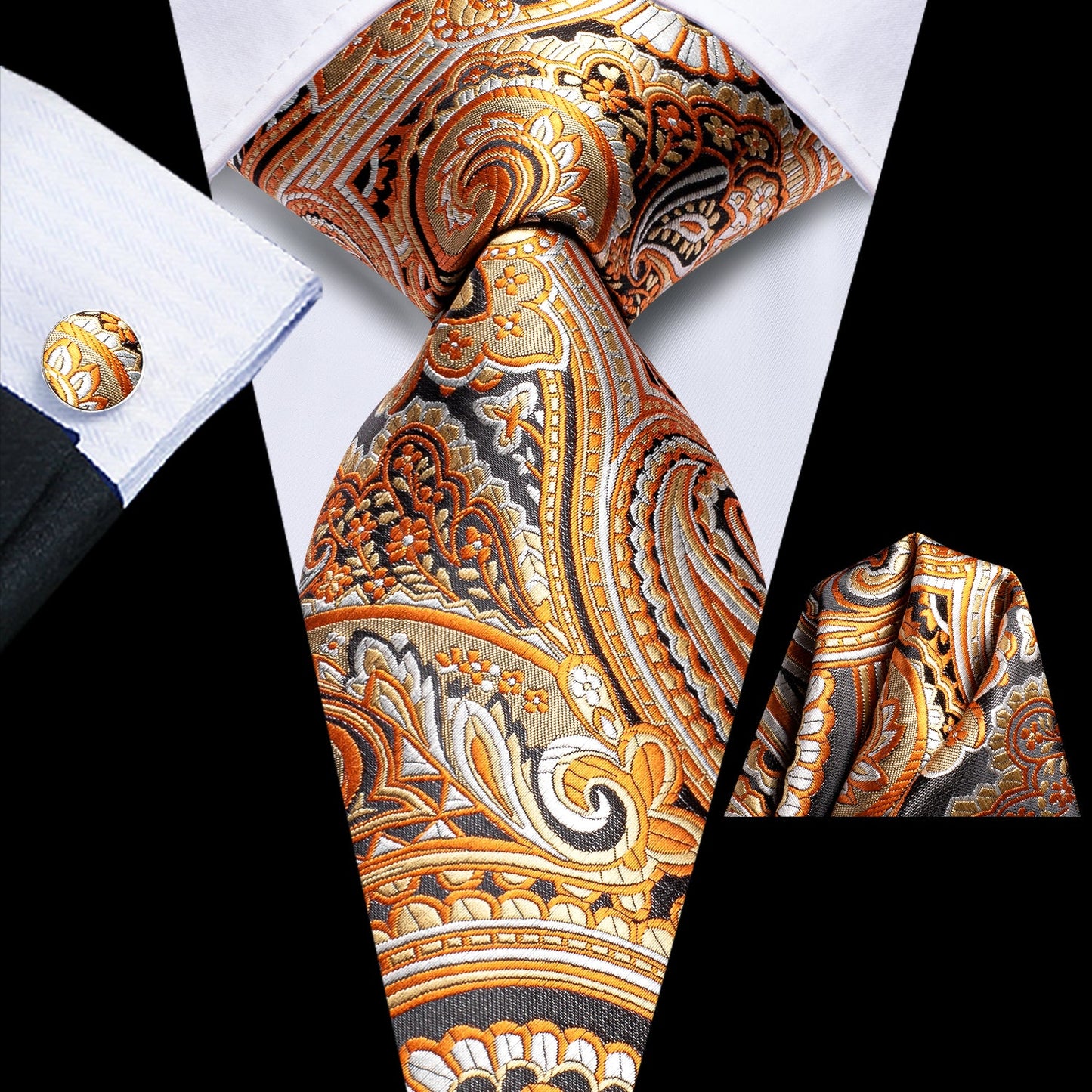 Paisley Tie Mens Gold Silk Necktie Pocket Square Cufflinks Set for Business