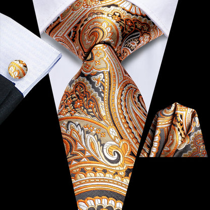 Paisley Tie Mens Gold Silk Necktie Pocket Square Cufflinks Set for Business