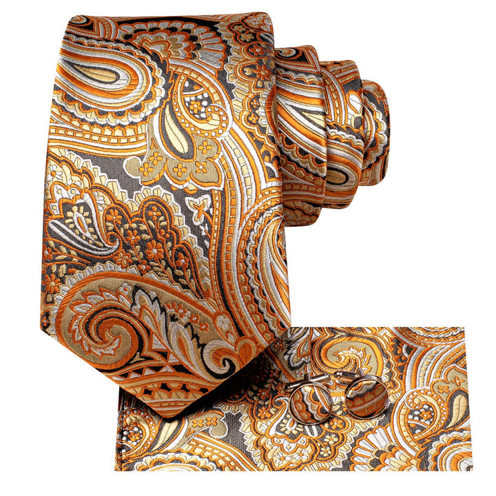 Paisley Tie Mens Gold Silk Necktie Pocket Square Cufflinks Set for Business