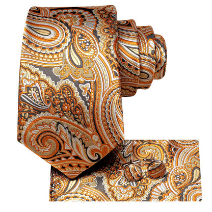 Paisley Tie Mens Gold Silk Necktie Pocket Square Cufflinks Set for Business