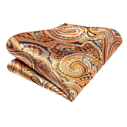 Paisley Tie Mens Gold Silk Necktie Pocket Square Cufflinks Set for Business