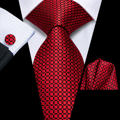 Extra Long Tie 70 Inch Red Plaid Necktie Pocket Square Cufflinks Set