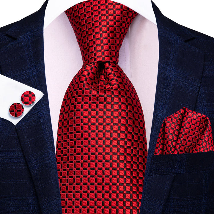 Extra Long Tie 70 Inch Red Plaid Necktie Pocket Square Cufflinks Set