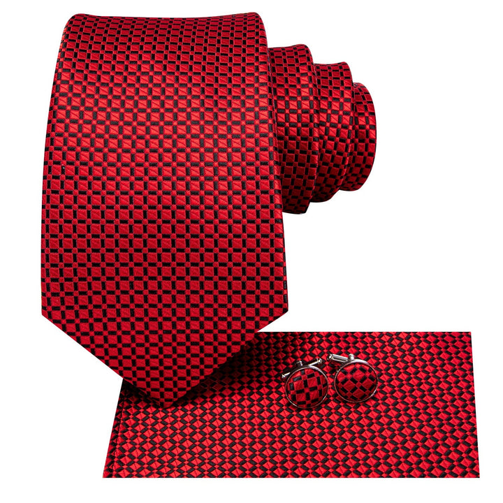 Extra Long Tie 70 Inch Red Plaid Necktie Pocket Square Cufflinks Set