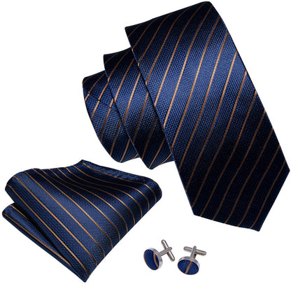 Blue Tie Gold Striped Silk Men's Tie Hanky Cufflinks Set Classic Formal