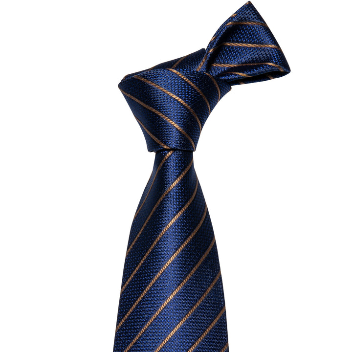 Blue Tie Gold Striped Silk Men's Tie Hanky Cufflinks Set Classic Formal