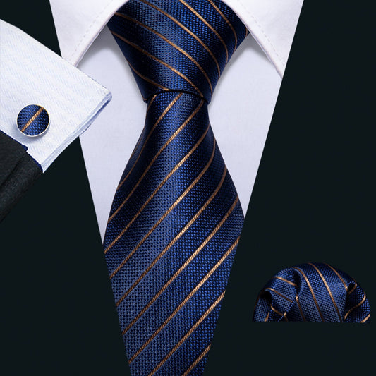 Blue Tie Gold Striped Silk Men's Tie Hanky Cufflinks Set Classic Formal