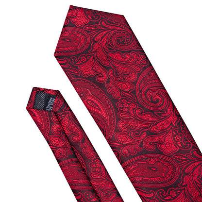 Black Red Paisley Necktie Pocket Square Cufflinks Set