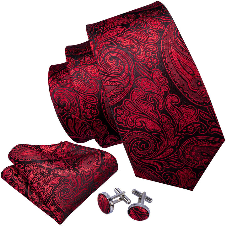 Black Red Paisley Necktie Pocket Square Cufflinks Set