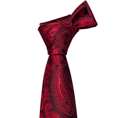 Black Red Paisley Necktie Pocket Square Cufflinks Set