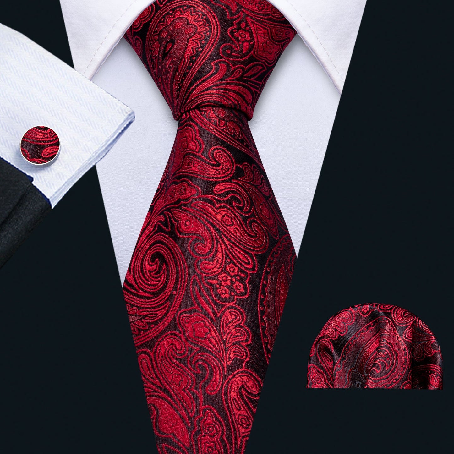 Black Red Paisley Necktie Pocket Square Cufflinks Set