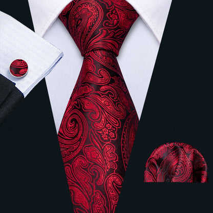 Black Red Paisley Necktie Pocket Square Cufflinks Set