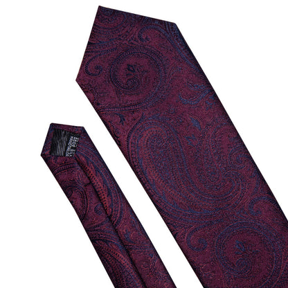 Wedding Necktie Plum Purple Red Paisley Men's Silk Tie Hanky Cufflinks Set
