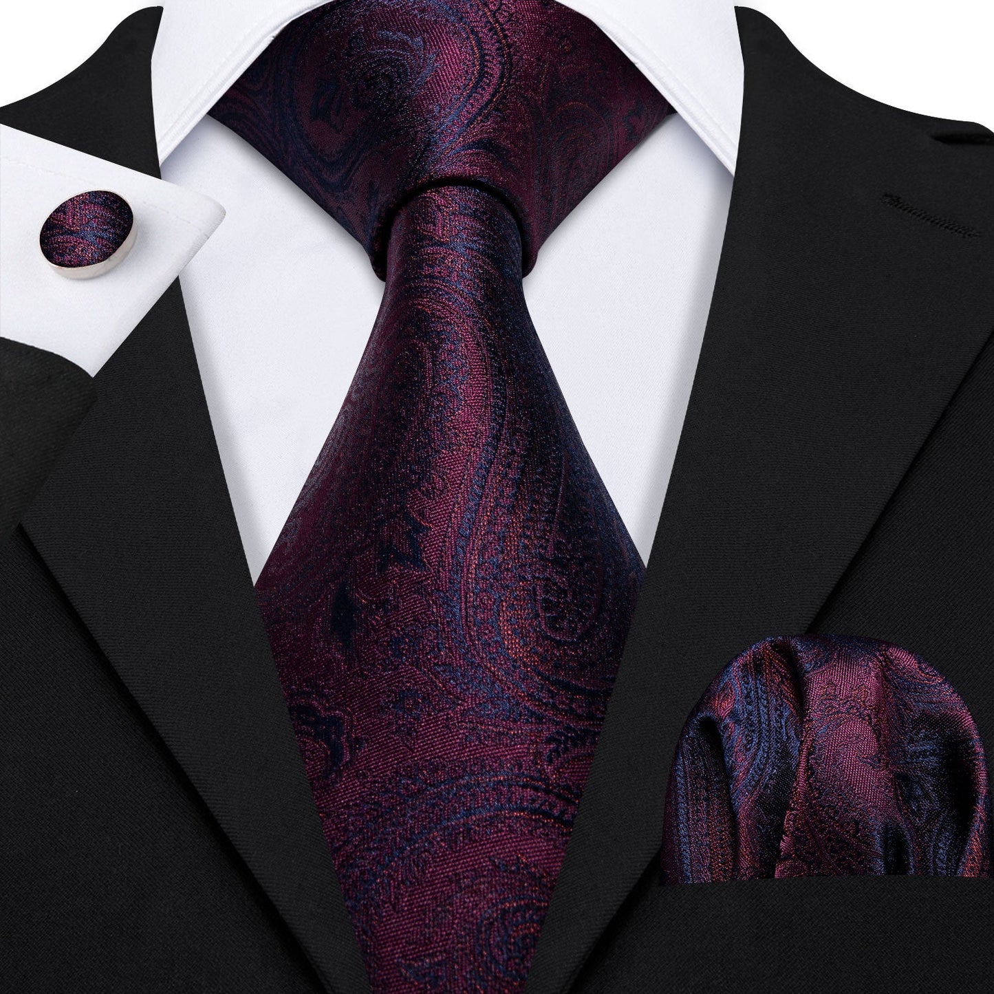 Wedding Necktie Plum Purple Red Paisley Men's Silk Tie Hanky Cufflinks Set