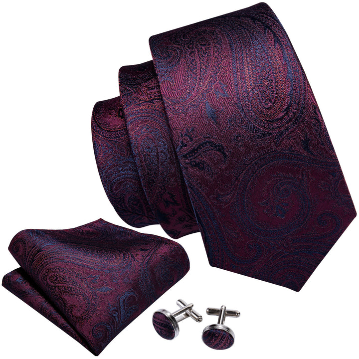 Wedding Necktie Plum Purple Red Paisley Men's Silk Tie Hanky Cufflinks Set