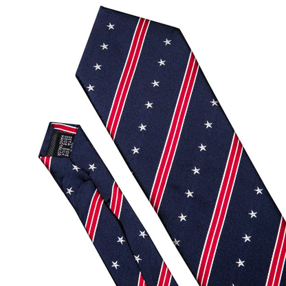 Navy Blue Red Star Striped Mens Tie Indenpendence Day Necktie Hanky Cufflinks Set