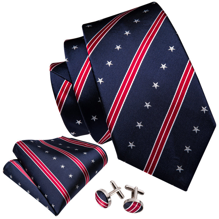Navy Blue Red Star Striped Mens Tie Indenpendence Day Necktie Hanky Cufflinks Set