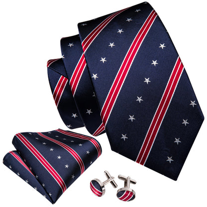 Navy Blue Red Star Striped Mens Tie Indenpendence Day Necktie Hanky Cufflinks Set