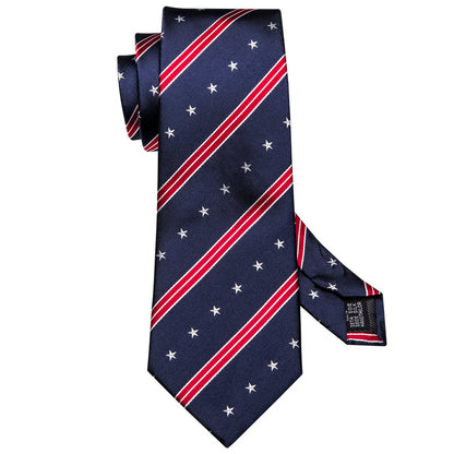 Navy Blue Red Star Striped Mens Tie Indenpendence Day Necktie Hanky Cufflinks Set