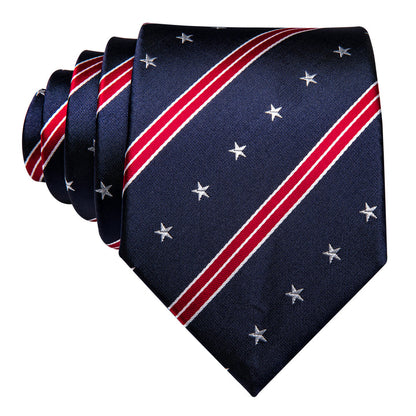 Navy Blue Red Star Striped Mens Tie Indenpendence Day Necktie Hanky Cufflinks Set