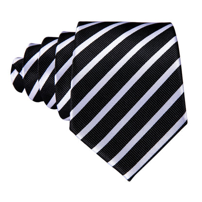 Black White Striped Necktie Pocket Square Cufflinks Set