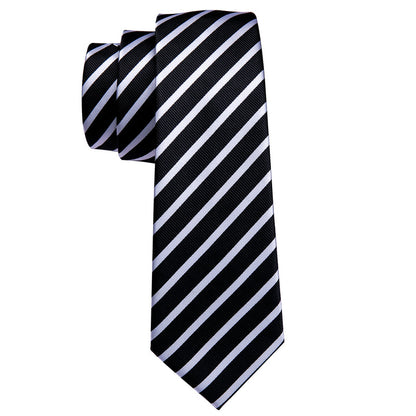 Black White Striped Necktie Pocket Square Cufflinks Set