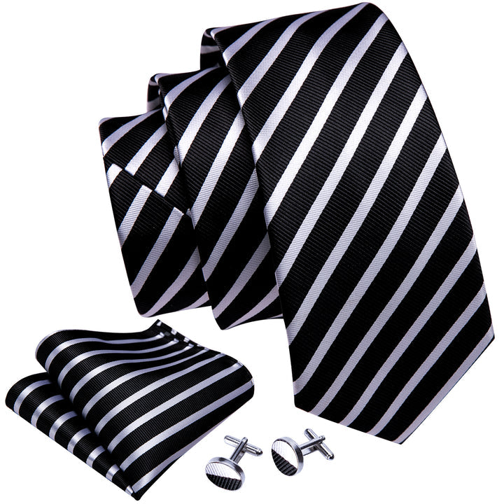 Black White Striped Necktie Pocket Square Cufflinks Set