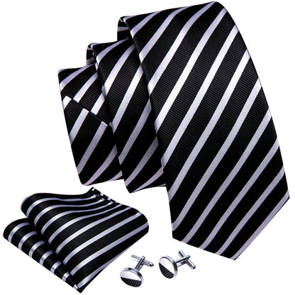 Black White Striped Necktie Pocket Square Cufflinks Set