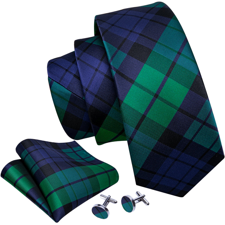 Deep Green Blue Plaid Men's Tie Pocket Square Cufflinks Set
