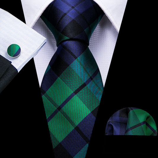 Deep Green Blue Plaid Men's Tie Pocket Square Cufflinks Set