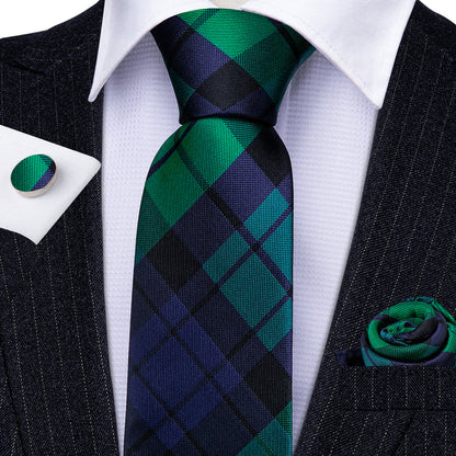 Deep Green Blue Plaid Men's Tie Pocket Square Cufflinks Set