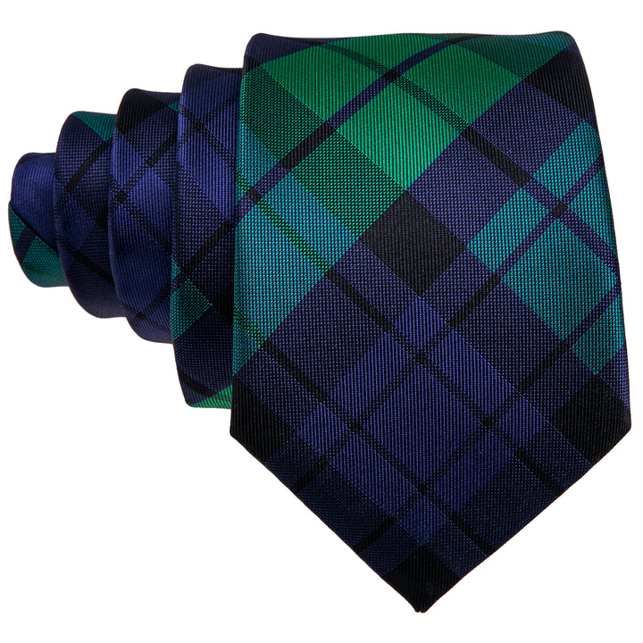Deep Green Blue Plaid Men's Tie Pocket Square Cufflinks Set