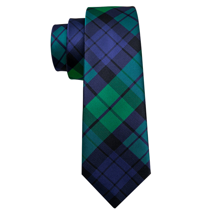Deep Green Blue Plaid Men's Tie Pocket Square Cufflinks Set