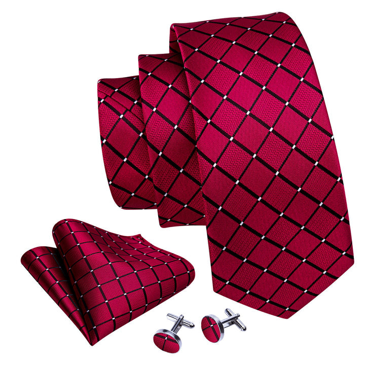 Mens Silk Necktie Red Plaid Formal Tie Pocket Square Cufflinks Set