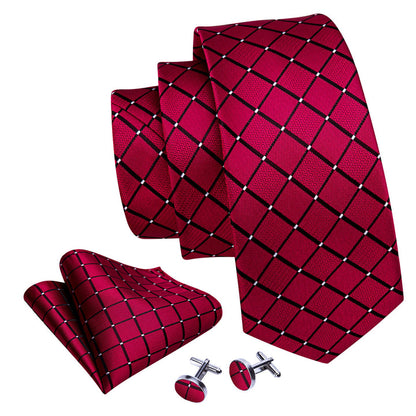 Mens Silk Necktie Red Plaid Formal Tie Pocket Square Cufflinks Set