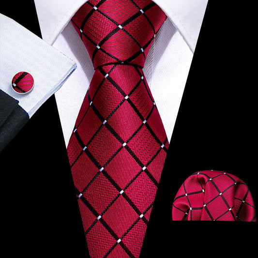 Mens Silk Necktie Red Plaid Formal Tie Pocket Square Cufflinks Set