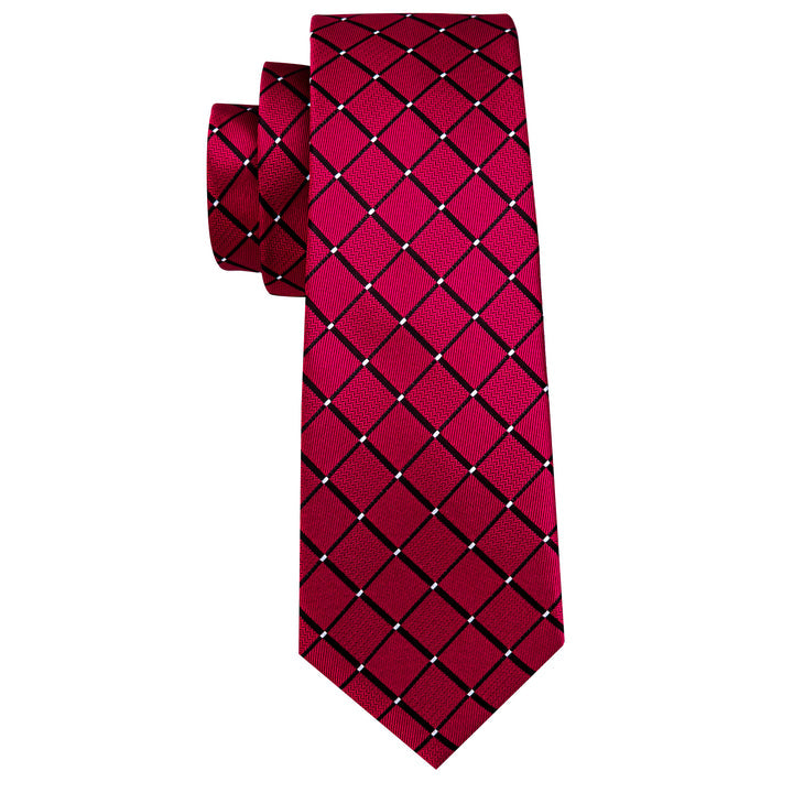 Mens Silk Necktie Red Plaid Formal Tie Pocket Square Cufflinks Set