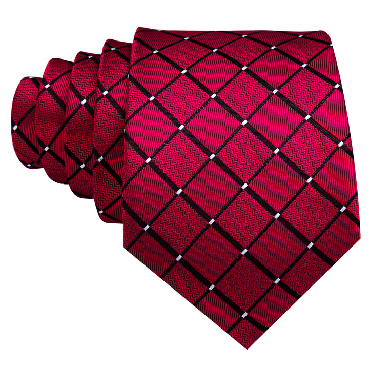 Mens Silk Necktie Red Plaid Formal Tie Pocket Square Cufflinks Set