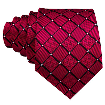 Mens Silk Necktie Red Plaid Formal Tie Pocket Square Cufflinks Set