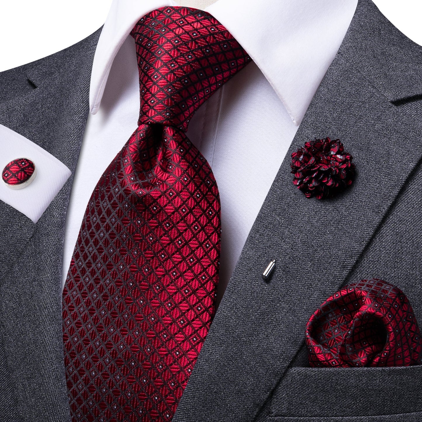 Red Tie Plaid Men's Necktie Pocket Square Cufflinks Set with Lapel Pin