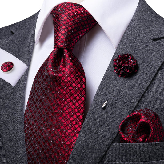 Red Tie Plaid Men's Necktie Pocket Square Cufflinks Set with Lapel Pin