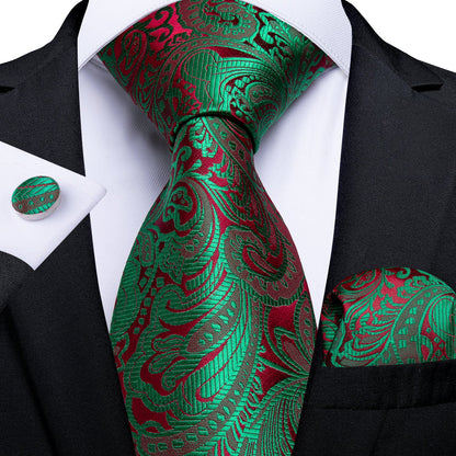 Floral Tie Shiny Sage Green Red Paisley Tie Pocket Square Cufflinks Set