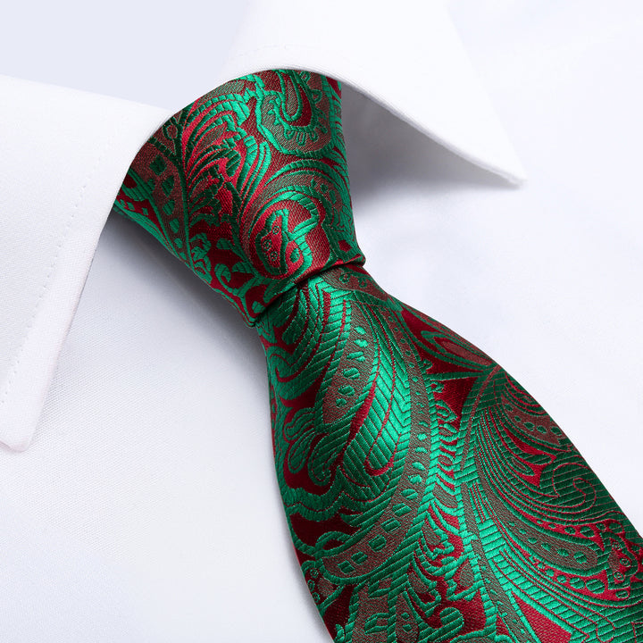 Floral Tie Shiny Sage Green Red Paisley Tie Pocket Square Cufflinks Set