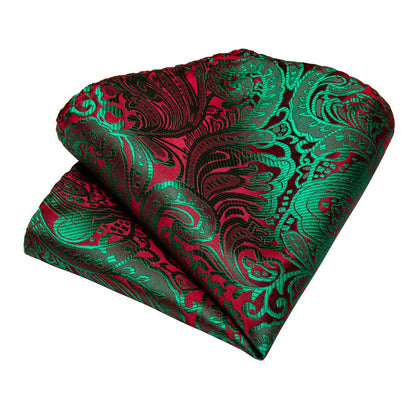 Floral Tie Shiny Sage Green Red Paisley Tie Pocket Square Cufflinks Set