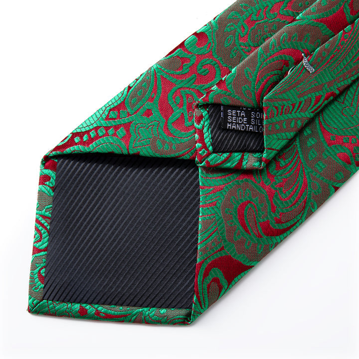 Floral Tie Shiny Sage Green Red Paisley Tie Pocket Square Cufflinks Set