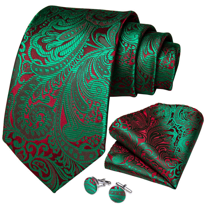 Floral Tie Shiny Sage Green Red Paisley Tie Pocket Square Cufflinks Set
