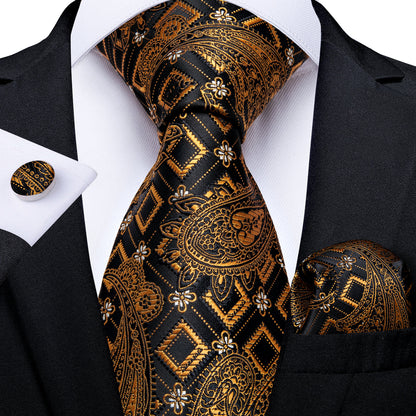 Gold Paisley Necktie Mens Party Silk Tie Pocket Square Cufflinks Set