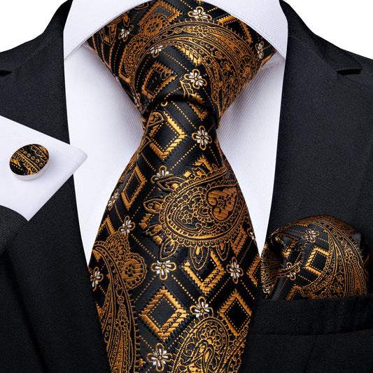 Gold Paisley Necktie Mens Party Silk Tie Pocket Square Cufflinks Set