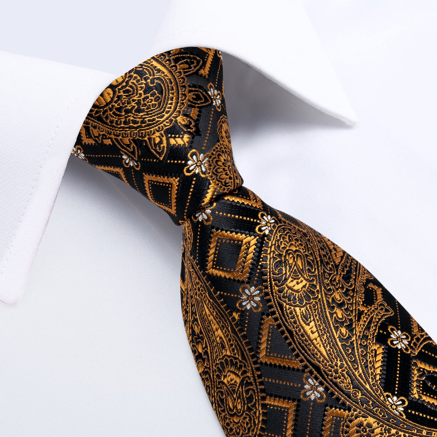 Gold Paisley Necktie Mens Party Silk Tie Pocket Square Cufflinks Set
